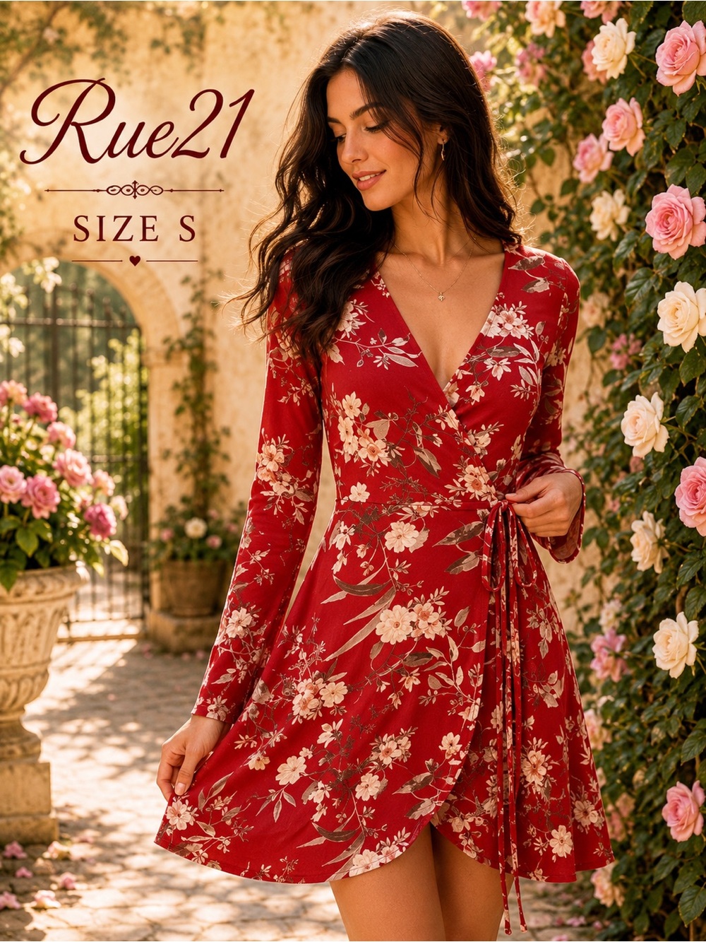 Rue21 Red Floral Wrap Mini Dress Long Sleeve Tie Waist Size S